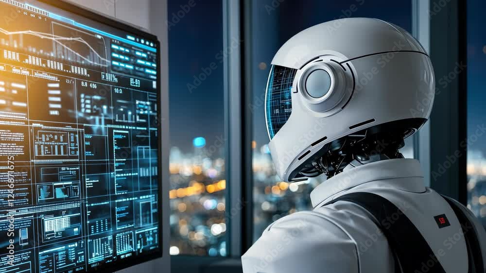Poster a futuristic robot engages with high-tech displays, highlighting tech and intelligence in a vibrant 