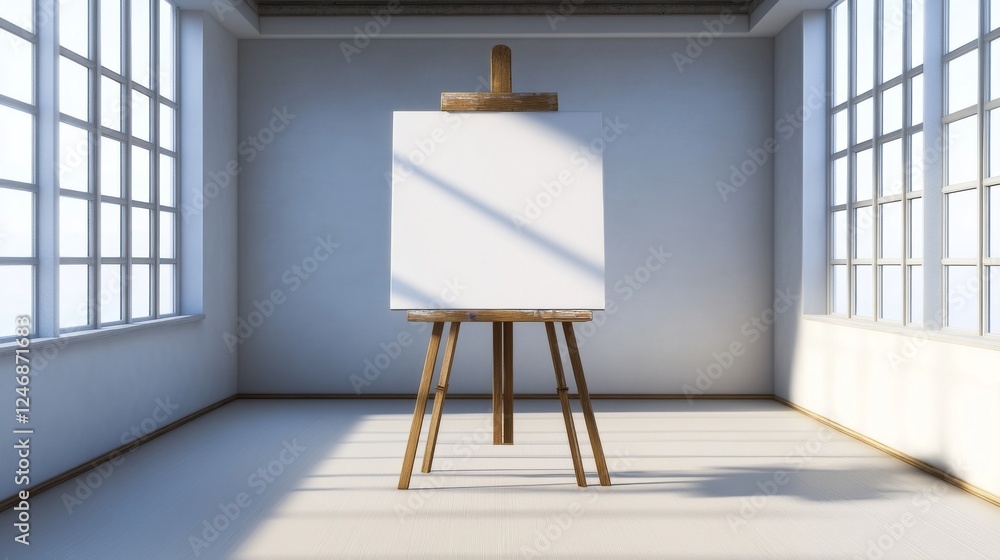 Poster bright, empty art studio with easel and canvas.