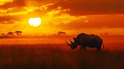 Naklejka premium Rhinoceros in the savanna, sunset light