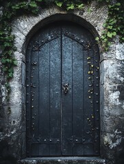 Ancient Iron Door with Ivy in Stone Wall Architectural Historic Feature : Generative AI