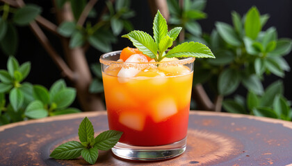 Colorful layered drink with mint and citrus, refreshing summer beverage