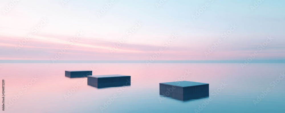Poster calm water with floating geometric structures.