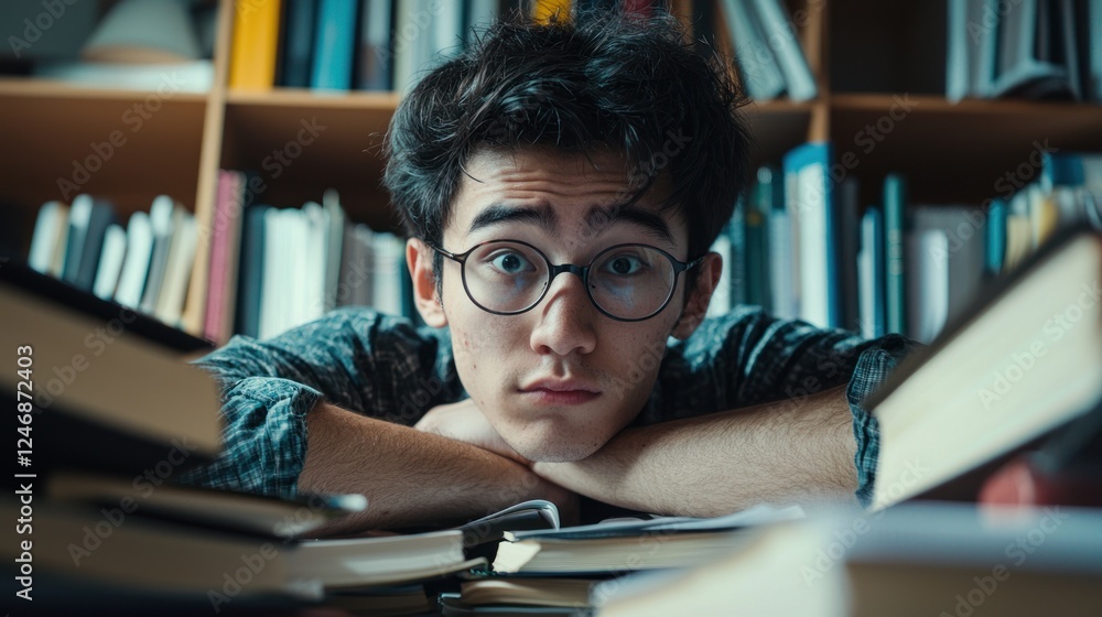 Poster a student staring hopelessly at a pile of textbooks and notes while preparing for a challenging exam