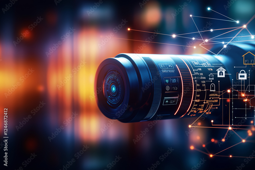 Poster digital illustration of home security camera with technology elements, showcasing lens and digital i
