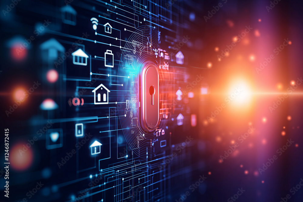 Poster digital illustration of home security system featuring lock and various icons representing smart hom