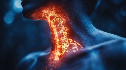 Ethereal Glow of Radiant Energy Flowing Through the Human Neck, Highlighting the Spinal Cord in a Surreal Artistic Representation