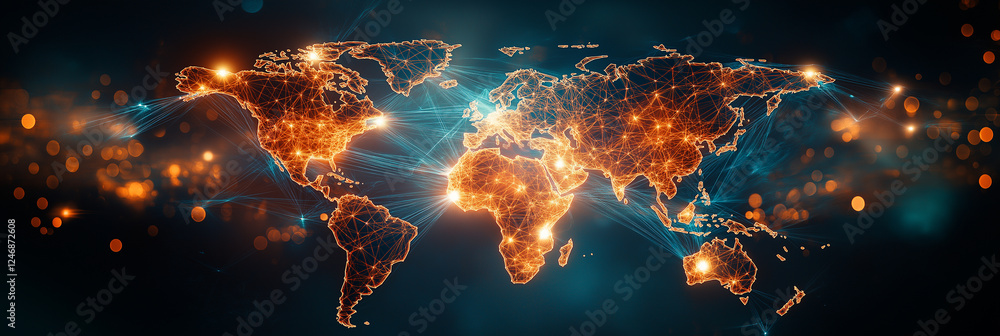 Poster digital map of world with glowing connections and bright lights, showcasing global networks and data
