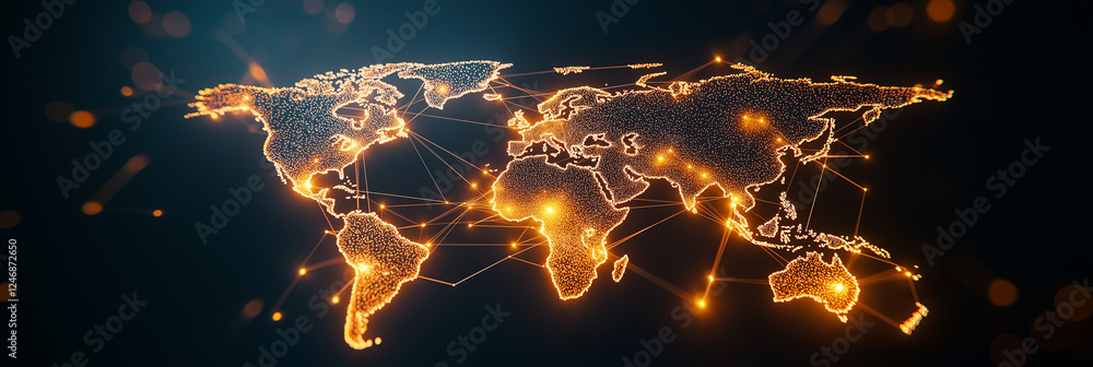 Poster digital world map with global network connections illuminated by glowing nodes, representing connect