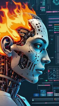 A horrifying mix of undead technology, half of its head disintegrating pixelated glitch flames. Its skull is exposed in places, metallic endoskeleton glitching organic robotic states, glitch effect