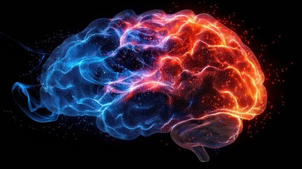 Fototapeta premium Abstract representation of a human brain illuminated in vibrant blue and orange colors symbolizing creativity and intelligence against a dark background.