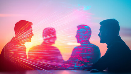 Digital identity, business team meeting, double exposure, silhouettes, technology, collaboration, communication, abstract, vibrant colors, teamwork