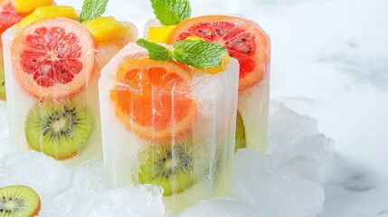 Refreshing fruit ice pops on ice, summer treat