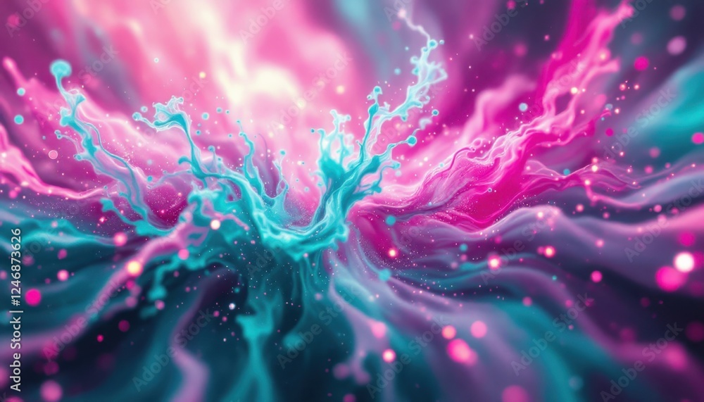 Poster vivid abstract swirl of pink and blue with light particles creating a mesmerizing cosmic flow