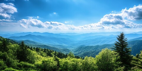 Enchanting panoramic landscape of verdant mountains under a brilliant blue sky with clouds in a stunning vista : Generative AI