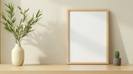 minimalist home office scene featuring blank picture frame, vase with greenery, and small cactus on wooden shelf. soft lighting creates calm atmosphere