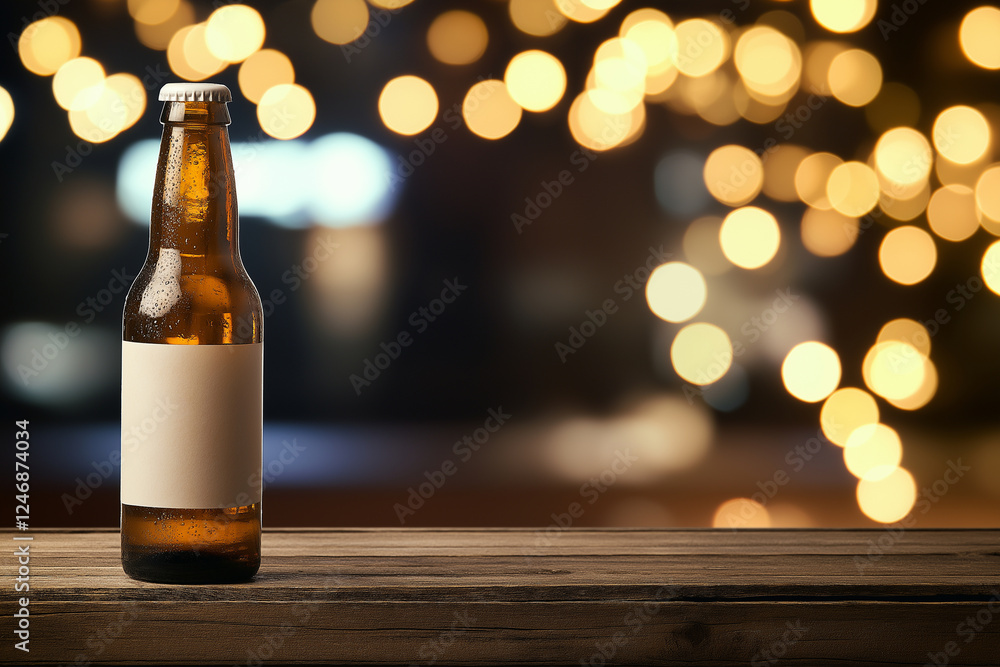 Poster empty beer bottle on wooden table with blurred lights in background, creating warm and inviting atmo