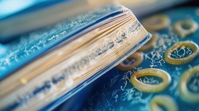 A close-up of medical textbooks explaining the lifecycle of a hookworm parasite in a laboratory setting