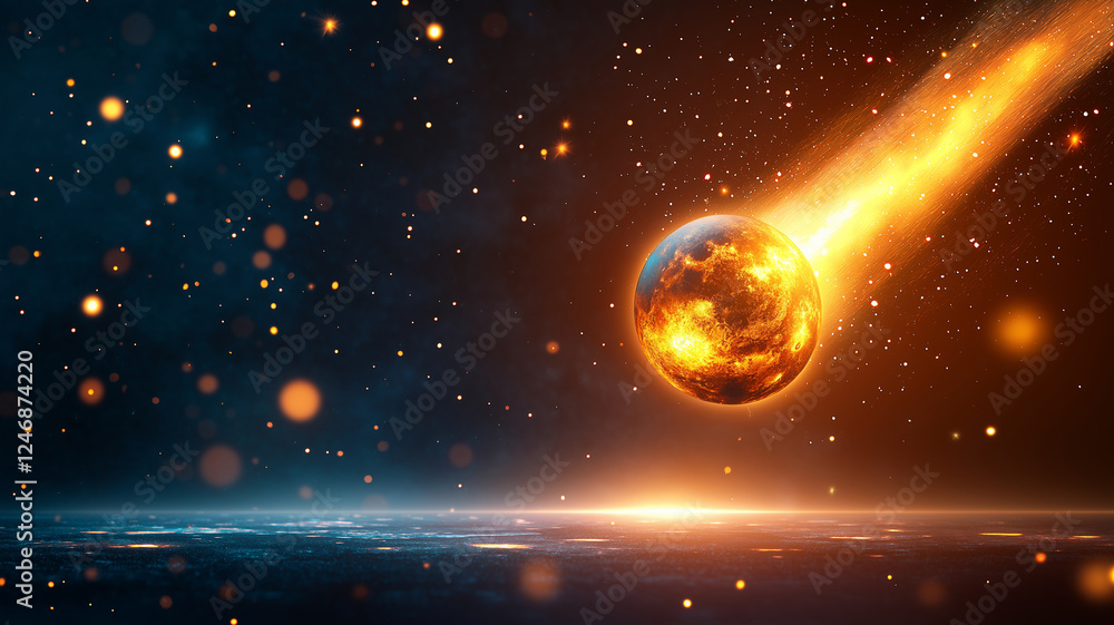 Aufkleber fiery meteor streaks through space, illuminating dark cosmos with vibrant colors and sparkling parti