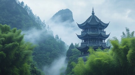 Misty Mountain Pagoda, China, Travel Poster