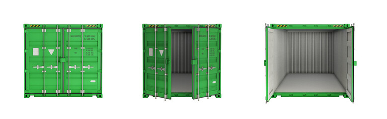 Set of front views of green container with open, half-open, and closed doors. Without shadow. Cargo container for storage, transportation goods. Isolated on a white background. 3D illustration