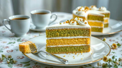 Layered Pistachio and Vanilla Sponge Cake with Coffee