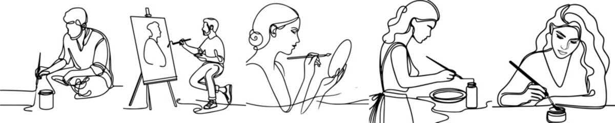 vector continuous line set of people painting