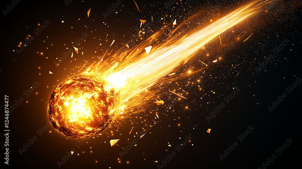 Aufkleber fiery meteor streaks through space, leaving trail of sparks and debris. intense glow and dynamic mot