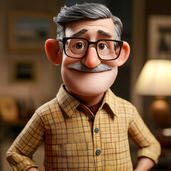 A cheerful elderly man with glasses and a mustache, designed in a detailed 3D animated style, wearing a plaid shirt indoors