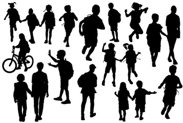 Collection of vector silhouette of children go to school
