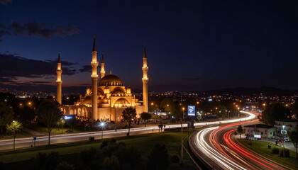 Obraz premium Illuminated mosque at night with city traffic, Ramadan celebration