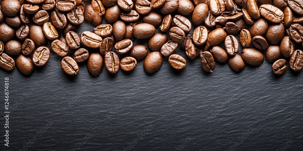 Poster roasted coffee beans close up on textured dark slate background for cafes and coffee lovers : genera