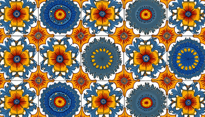 Colorful Mexican tile pattern with floral designs