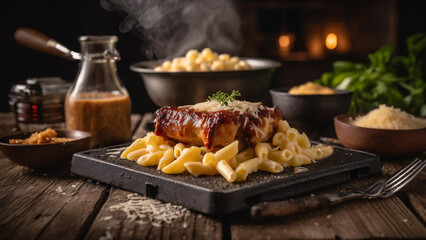 Juicy bbq Homemade, Mac and Cheese, artisan, Place an old wooden table