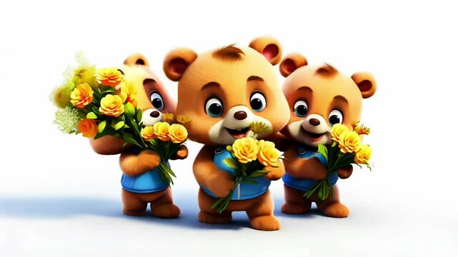 Adorable bears cartoon characters joyfully dancing jumping and presenting vibrant yellow flowers on white background