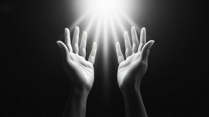A Reaching hands towards bright light in black and white setting, symbolizing hope and aspiration. contrast highlights beauty of human expression and desire for connection