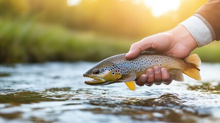 A fly fisherman holds brown trout in river, showcasing beauty of nature and thrill of fishing. warm sunlight enhances serene atmosphere