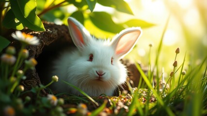 Fototapeta premium Adorable white bunny rabbit peeking out from its burrow in a sunlit meadow, surrounded by vibrant green grass and delicate wildflowers