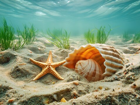 Underwater scene with starfish and seashells on sandy seabed with green sea grass and clear water
