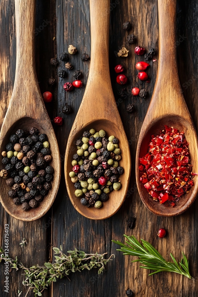 Poster three wooden spoons with colorful peppercorns and herbs on rustic wooden background : generative ai