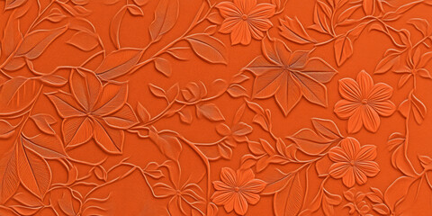 A deep orange background with intricate floral patterns in a lighter shade of orange, giving it a delicate and intricate feel. Ideal for wedding invitations, feminine branding, or vintage designs.