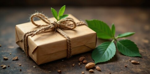 Twine wrapped wooden package on a rustic table, gift, table