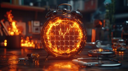 Vintage Alarm Clock with Stock Market Chart Overlay in Fiery Glow, Symbolizing Financial Timeliness and Investment Opportunities in a Dynamic Economic Environment