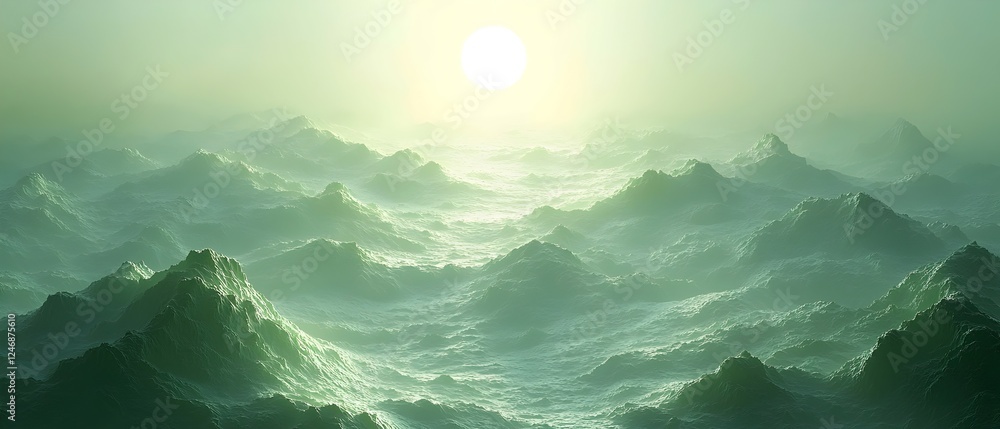 Poster a serene view of rolling ocean waves under a soft, glowing sun, creating a tranquil atmosphere fille