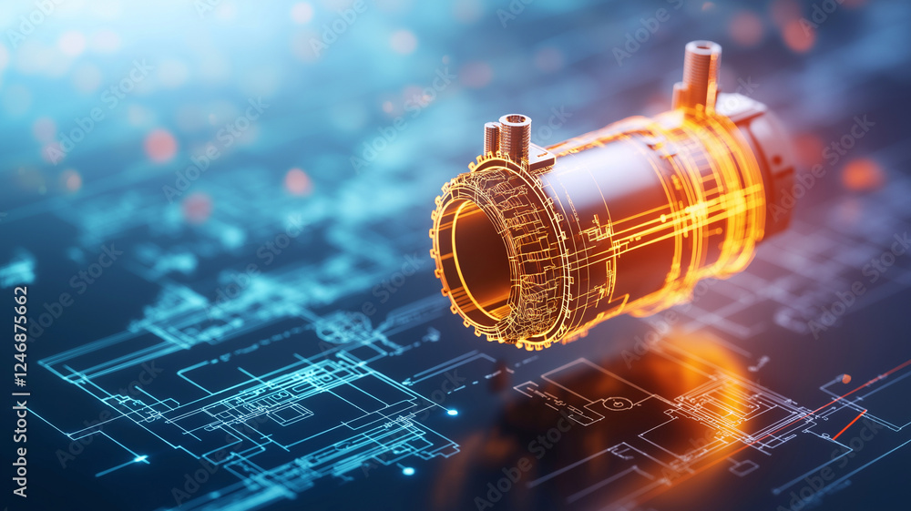 Poster highly detailed photograph of engineering drawings with futuristic engine component. intricate desig