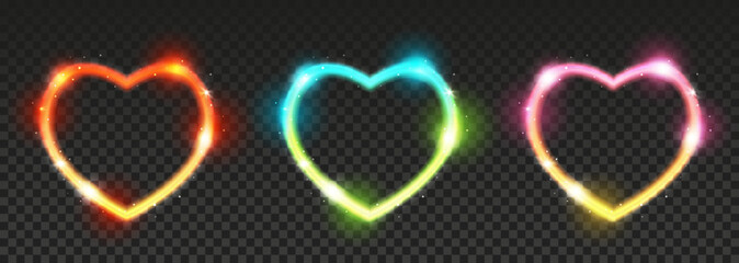 Set of neon heart sparkle light frames for dark backgrounds - shiny elements for Valentines day and wedding design
