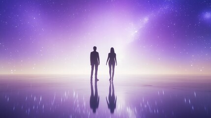 Fototapeta premium Couple gazes at a serene cosmic landscape.