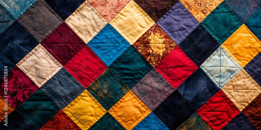 Poster colorful quilted patchwork fabric pattern with geometric design for creative interiors : generative 