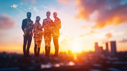 Fototapeta premium Business professionals standing together against sunset backdrop, symbolizing teamwork and connectivity. image conveys sense of collaboration and innovation in modern environment