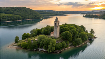 Obraz premium An aerial view of a small island in a serene lake, featuring a weathered stone church tower, lush green trees, and calm, reflective water, showcasing a soft golden-orange sunrise/sunset palette.