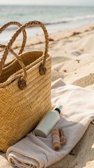 Summer beach essentials: stylish straw bag and eco-friendly skincare on sandy shore